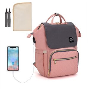 (VADA) Multifunkčný dizajnový Mama batoh proti vykradnutiu Lequeen - ružovo-sivý -  PREHNUTÁ KLOPA