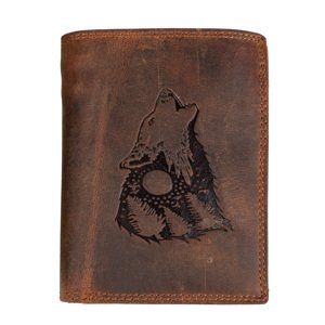 HL Pánska kožená peňaženka na výšku - Vlk vyjúci - hnedá