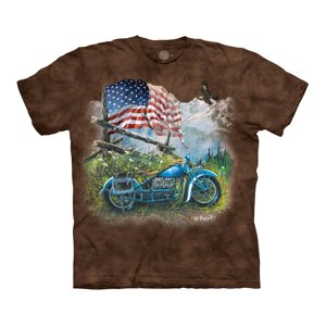 Pánske batikované tričko The Mountain - Modrá motorka s americkou vlajkou- hnedé Veľkosť: XL