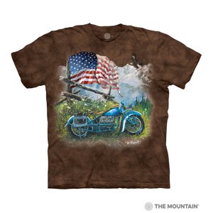 Pánske batikované tričko The Mountain - Modrá motorka s americkou vlajkou- hnedé Veľkosť: XXL
