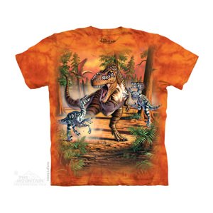 Detské batikované tričko The Mountain Bitka Dinosaurov - oranžové Veľkosť: S